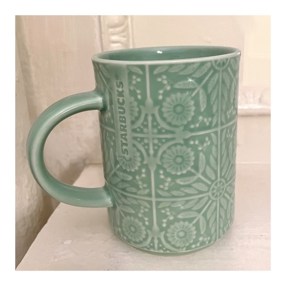 Starbucks 12 oz Jade Green Ceramic Coffee Mug with Embossed 3D Floral Design - Picture 3 of 9